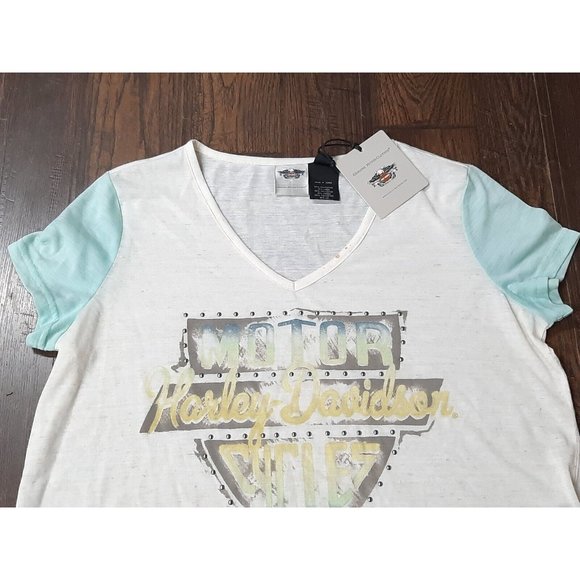 Harley-Davidson Women's Aquamarine Cream Two Tone Tie Up Size L T-Shirt. READ! - Picture 4 of 12